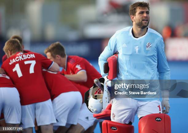 George Pinner of Great Britain prepares to keep goal during the Men's FIH Field Hockey Pro League match between Great Britain and Netherlands at Lee...