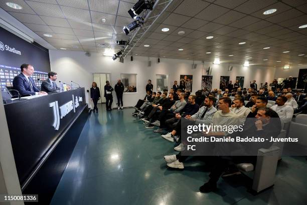 Juventus coach Massimiliano Allegri with chairman Andrea Agnelli attend a press conference at Allianz Stadium on May 18, 2019 in Turin, Italy.