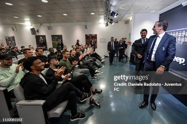 Juventus chairman Andrea Agnelli with coach Massimiliano Allegri attend a press conference at Allianz Stadium on May 18, 2019 in Turin, Italy.