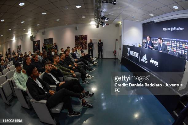 Juventus chairman Andrea Agnelli with coach Massimiliano Allegri attend a press conference at Allianz Stadium on May 18, 2019 in Turin, Italy.