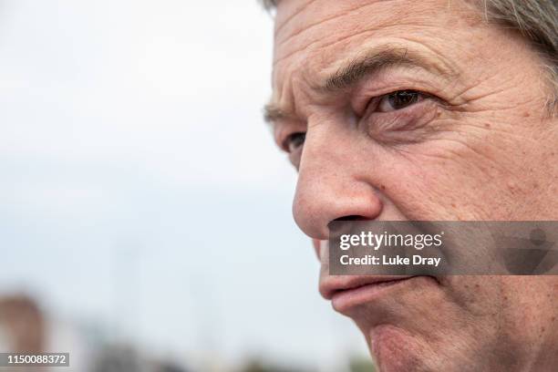 Nigel Farage addresses a crowd of supporters outside Southend Pier as he tours Essex with The Brexit Party on May 18, 2019 in Southend-on-Sea, United...