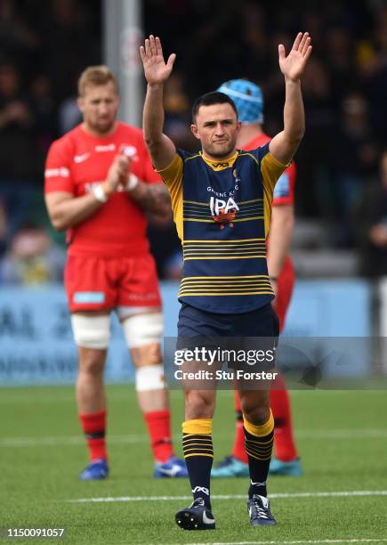 Warriors player Jonny Arr waves to the crowd before his final Warriors game before the Gallagher Premiership Rugby match between Worcester Warriors...