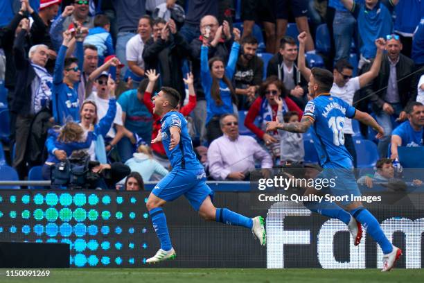 Francisco Portillo of Getafe CF celebrates after scoring his team's first goal during the La Liga match between Getafe CF and Villarreal CF at...