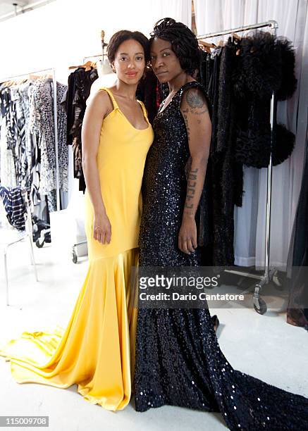 Founder of the new African Empower Suzanne Africa Engo and Star of "Viva Riva" movie Manie Malone attend a fitting at Marc Bouwer on June 1, 2011 in...