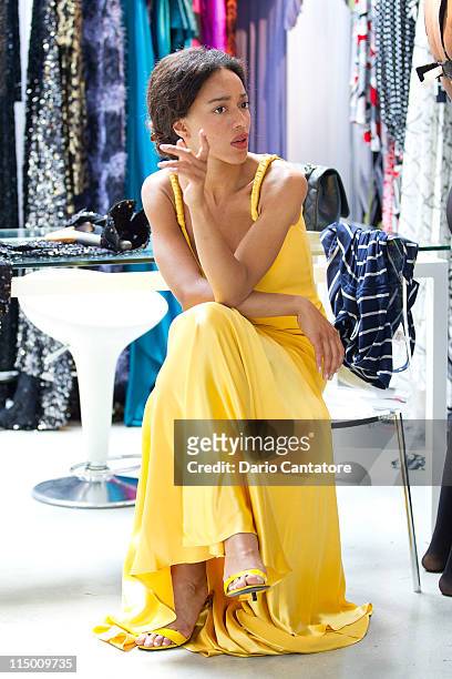 Star of "Viva Riva" movie Manie Malone attends a fitting at Marc Bouwer on June 1, 2011 in New York City.