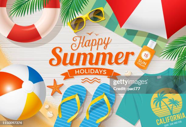 ilustraciones, imágenes clip art, dibujos animados e iconos de stock de vacaciones de verano con accesorios de verano en la playa - estrella de mar