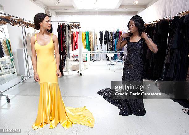 Founder of the new African Empower Suzanne Africa Engo and Star of "Viva Riva" movie Manie Malone attend a fitting at Marc Bouwer on June 1, 2011 in...