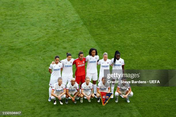 The Olympique Lyonnais Women's team lineup before the UEFA Women's Champions League Final between Olympique Lyonnais Women and FC Barcelona Women at...