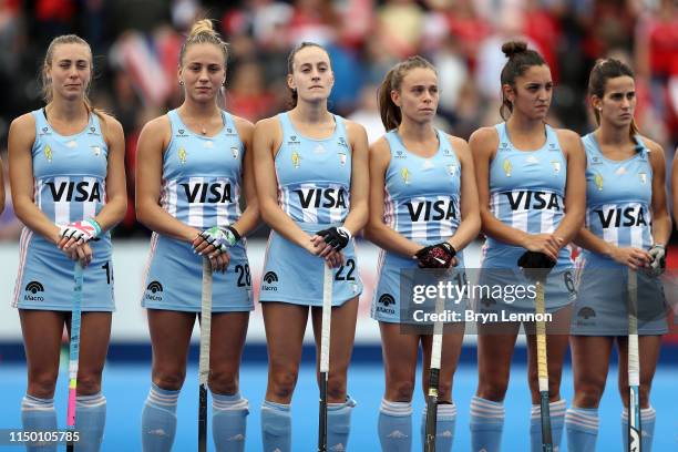 Argentina stand for the national anthems ahead of the Women's FIH Field Hockey Pro League match between Great Britain and Argentina at Lee Valley on...