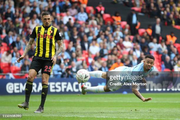 Gabriel Jesus of Manchester City scores a header which is disallowed for offside during the FA Cup Final match between Manchester City and Watford at...