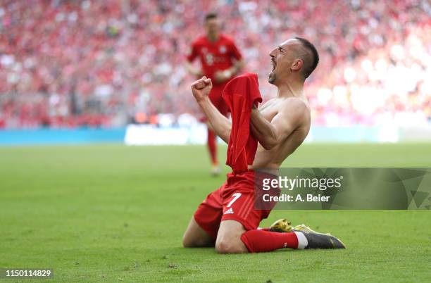 Franck Ribery of FC Bayern celebrates his goal during the Bundesliga match between FC Bayern Muenchen and Eintracht Frankfurt at Allianz Arena on May...