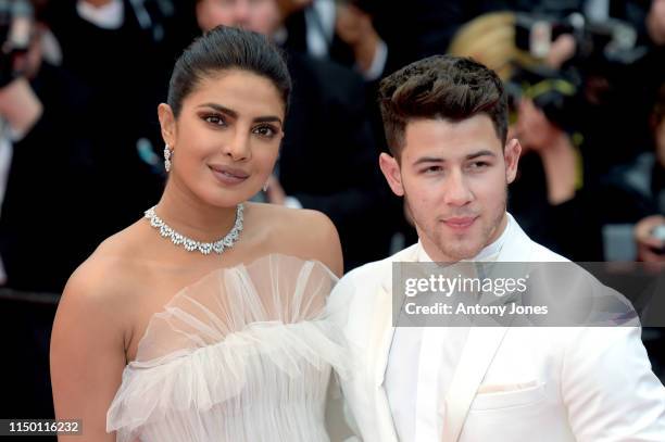 Priyanka Chopra and Nick Jonas attend the screening of "Les Plus Belles Annees D'Une Vie" during the 72nd annual Cannes Film Festival on May 18, 2019...