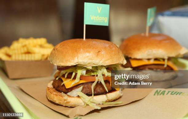 Beyond Burgers, vegan veggie burgers, are seen at the Vedang fast food restaurant in the Mall of Berlin on May 18, 2019 in Berlin, Germany. With fast...