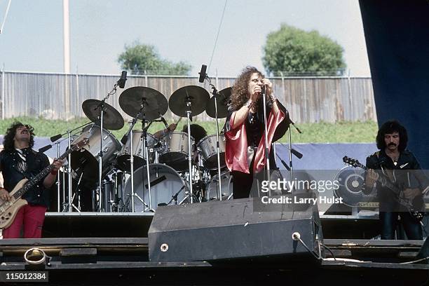 Geezer Bulter, Ronnie James Dio and Tony Iommi playing with 'Black Sabbath' performing at Oakland Coliseum in Oakland, California on July 27, 1980.