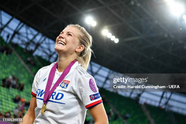 Hattrick hero Ada Hegerberg of Olympique Lyonnais Women celebrates after winning the UEFA Women's Champions League Final between Olympique Lyonnais...