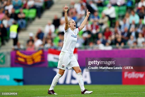 Hattrick hero Ada Hegerberg of Olympique Lyonnais Women celebrates after winning the UEFA Women's Champions League Final between Olympique Lyonnais...