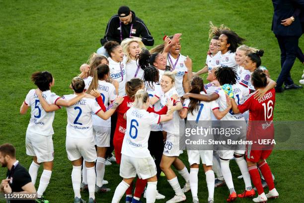 The Olympique Lyonnais Women team celebrate after winning the UEFA Women's Champions League Final between Olympique Lyonnais Women and FC Barcelona...