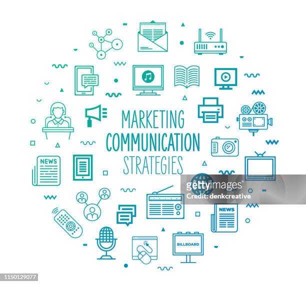 marketing & communication strategies outline style infographic design - mix media stock illustrations