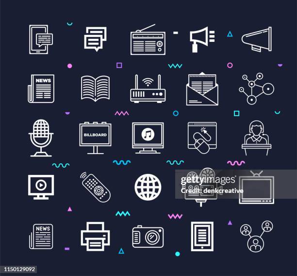 information & communications technology line style vector icon set - ai data dark stock illustrations