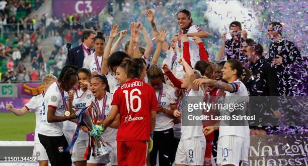 Team of Olympique Lyonnais celebrate the victory during the UEFA Women's Champions League Final match between Olympique Lyonnais and FC Barcelona at...