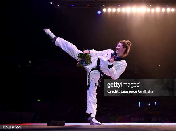 Jade Jones of Great Britain celebrates with her gold medal after victory against Lee Ah-Reum of South Korea in the Final of the Women’s -57kg during...