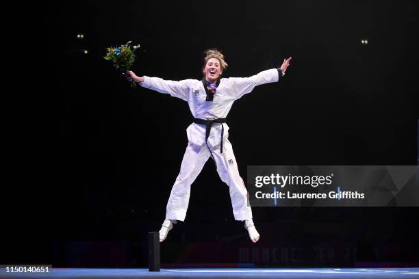 Jade Jones of Great Britain celebrates with her gold medal after victory against Lee Ah-Reum of South Korea in the Final of the Women’s -57kg during...