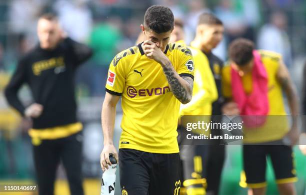 Christian Pulisic of Dortmund is seen after the Bundesliga match between Borussia Moenchengladbach and Borussia Dortmund at Borussia-Park on May 18,...