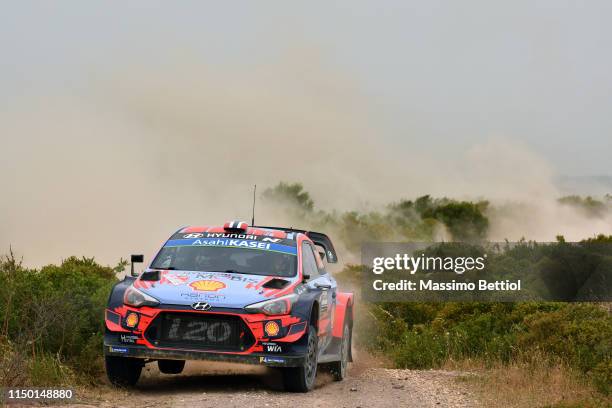 Andreas Mikkelsen of Norway and Anders Jaeger of Norway compete in their Hyundai Shell Mobis WRT Hyundai i20 WRC during Day One of the WRC Italia...