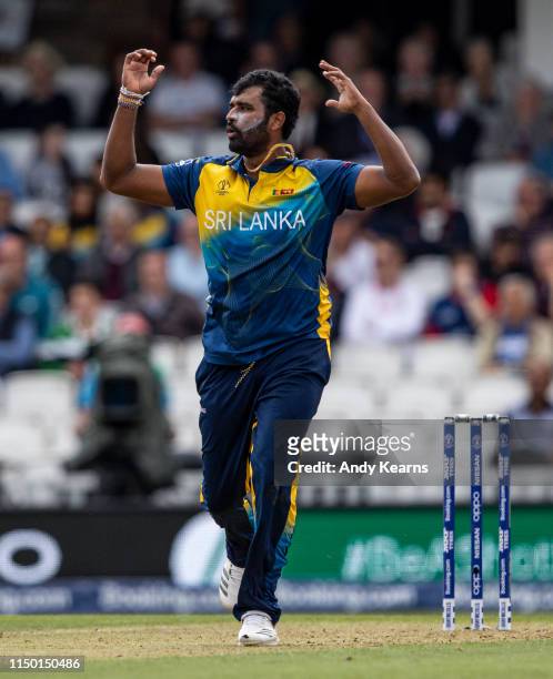 Thisara Perera of Sri Lanka rues a near miss during the Group Stage match of the ICC Cricket World Cup 2019 between Sri Lanka and Australia at The...