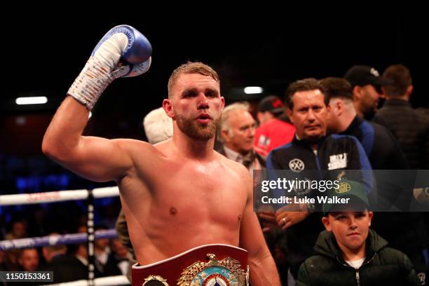 Billy Joe Saunders celebrats the win over Shefat Isufi during the WBO WORLD SUPER-MIDDLEWEIGHT CHAMPIONSHIP at The Lamex Stadium on May 18, 2019 in...