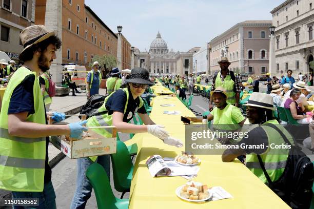 People partecipate at Italian Dinner without walls in Via della Conciliazione in front of St. Peter's Basilica, initiative co-sponsored by Focsiv,...