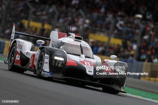 The Toyota Gazoo Racing TS050 Hybrid of Sebastien Buemi, Kazuki Nakajima, and Fernando Alonso in action during the race on June 15, 2019 in Le Mans,...