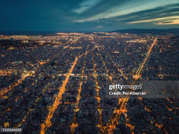 aerial night view of barcelona. - barcelona skyline stock pictures, royalty-free photos & images