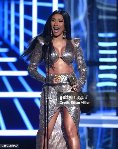 Cardi B accepts the award for Top Rap Song for "I Like It" during the 2019 Billboard Music Awards at MGM Grand Garden Arena on May 1, 2019 in Las...