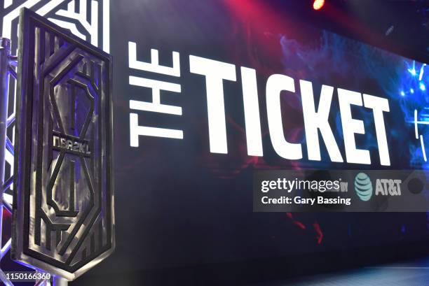 The banner of the NBA 2K League The Ticket Tournament is seen during The Ticket Tournament of the NBA 2K League on June 15, 2019 at The Fortress at...