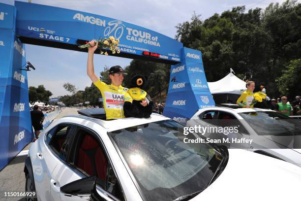 Celebrate / AMGEN Race Leader jersey and overall winner Tadej Pogacar of Slovenia and UAE - Team Emirates / after the 14th Amgen Tour of California...