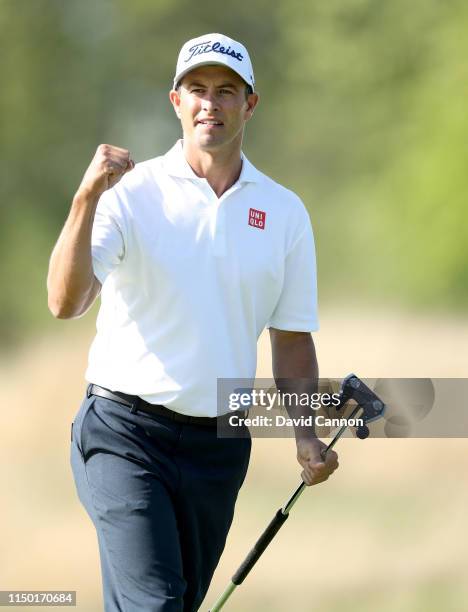 Adam Scott of Australia celebrates after making a birdie putt on the 11th hole during the third round of the 2019 PGA Championship on the Black...