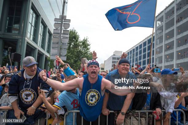 St. Louis Blues fans cheer during the St Louis Blues Victory Parade and Rally after winning the 2019 Stanley Cup Final on June 15, 2019 in St Louis,...