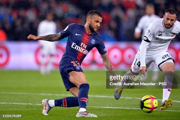 Dani Alves of Paris Saint-Germain kicks the ball during the Ligue 1 match between Paris Saint-Germain and Dijon FCO at Parc des Princes on May 18,...