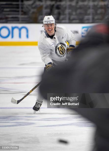 Nikita Gusev of the Vegas Golden Knights skates during practice prior to Game Two of the Western Conference First Round during the 2019 Stanley Cup...
