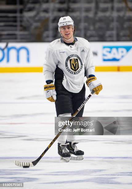 Nikita Gusev of the Vegas Golden Knights skates during practice prior to Game Two of the Western Conference First Round during the 2019 Stanley Cup...