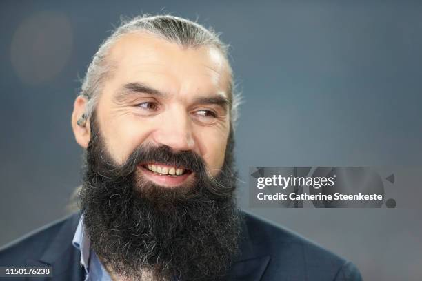 Sebastien Chabal French former rugby player is commentating during the Top 14 Final match between Toulouse and Clermont at Stade de France on June...