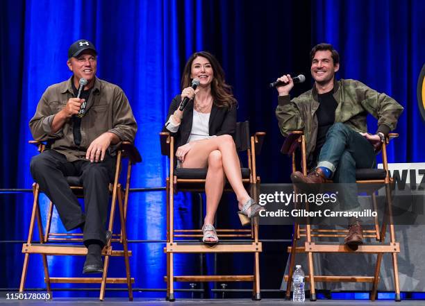 Actors Adam Baldwin, Jewel Staite and Sean Maher speak onstage during the 2019 Wizard World Comic Con at Pennsylvania Convention Center on June 15,...