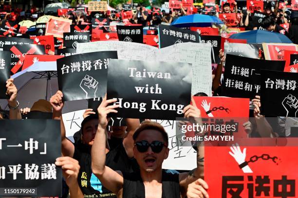 Protesters display placards during a demonstration in Taipei on June 16 in support of the continuing protests taking place in Hong Kong against a...