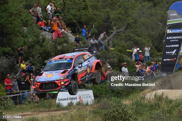 Andreas Mikkelsen of Norway and Anders Jaeger of Norway compete in their Hyundai Shell Mobis WRT Hyundai i20 WRC during Day Two of the WRC Italia...