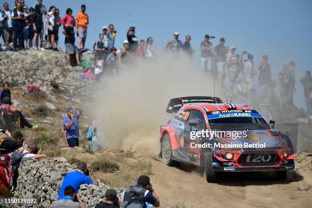 Andreas Mikkelsen of Norway and Anders Jaeger of Norway compete in their Hyundai Shell Mobis WRT Hyundai i20 WRC during Day Two of the WRC Italia...