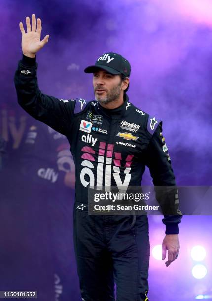 Jimmie Johnson, driver of the Ally Chevrolet, participates in pre-race ceremonies before the Monster Energy NASCAR Cup Series All-Star Race at...