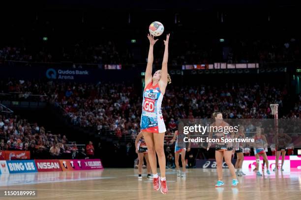 Maddy Turner of the Swifts goes up for the ball during the round 8 Super Netball match between the Sydney Swifts and the Giants at Qudos Bank Arena...