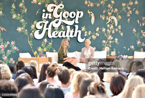 Goop CEO Gwyneth Paltrow and Elizabeth Gilbert speak onstage at In goop Health Summit Los Angeles 2019 at Rolling Greens Nursery on May 18, 2019 in...