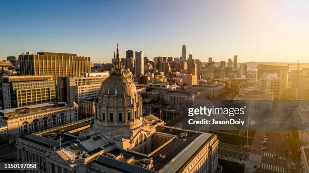 aerial san francisco city hall at dawn - san francisco city hall stock pictures, royalty-free photos & images